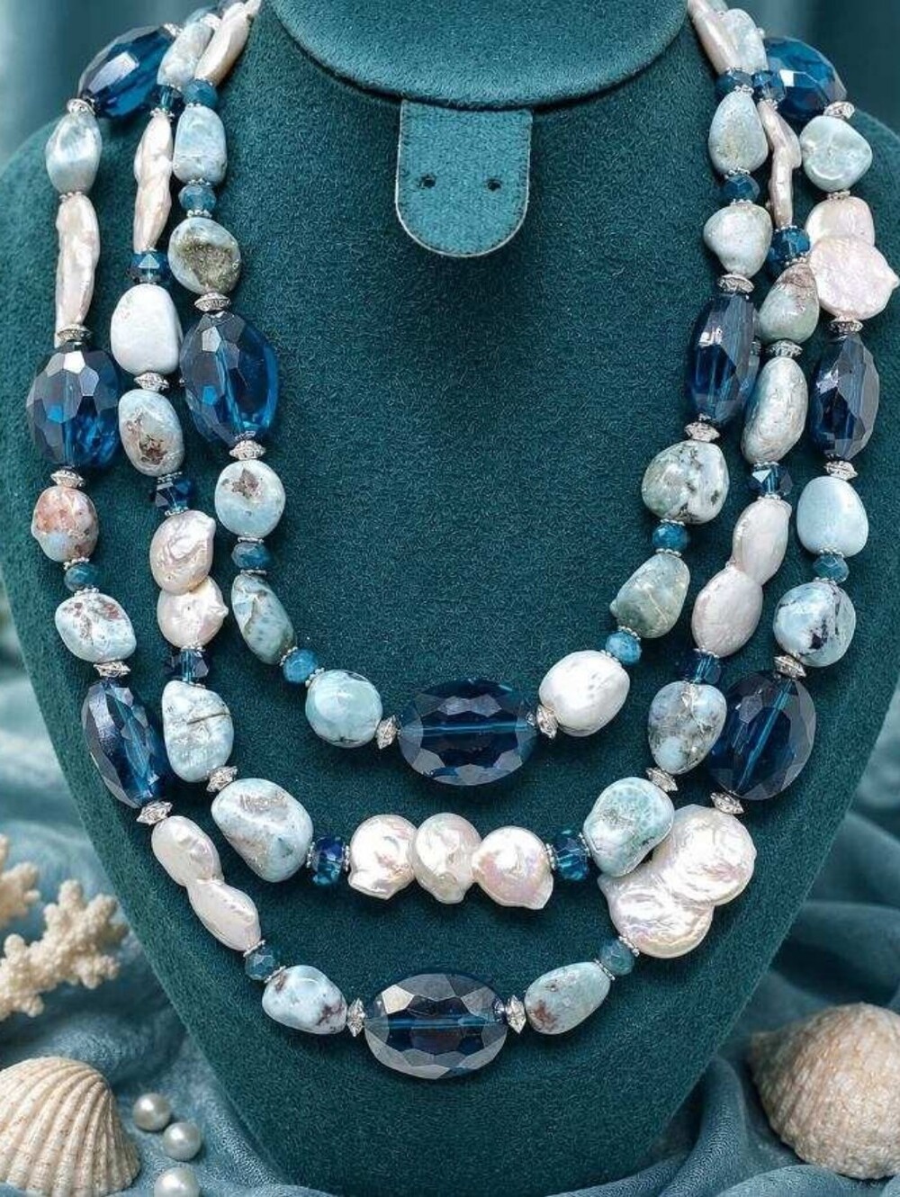 London Blue Goddess Larimar Crystal Coin Pearl Blue Apatite  Beaded Necklace